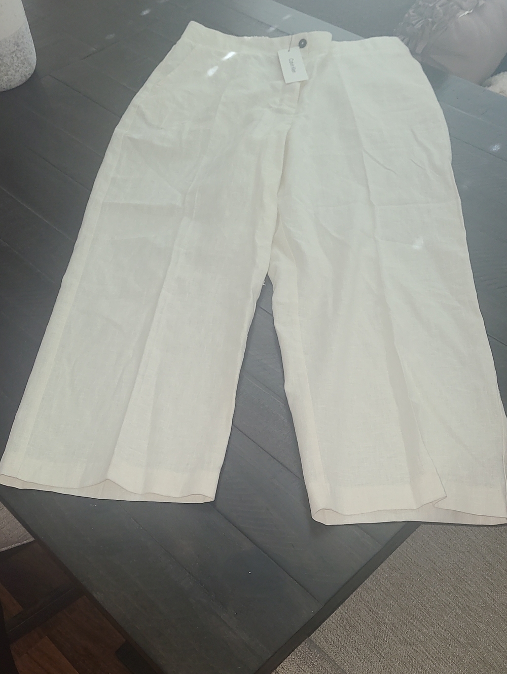 Calvin Klein Women's White Wide-Leg Linen Blend Chinos